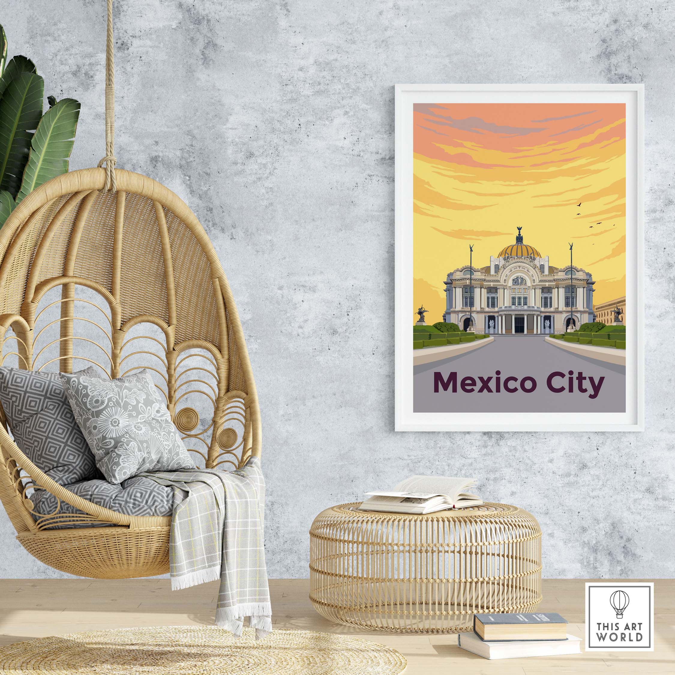 Mexico City Print Poster Wall Art featuring Palacio de Bellas Artes in a cozy home setting.