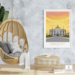 Mexico City Poster Print displayed in a stylish home setting with a hanging chair and decorative elements.