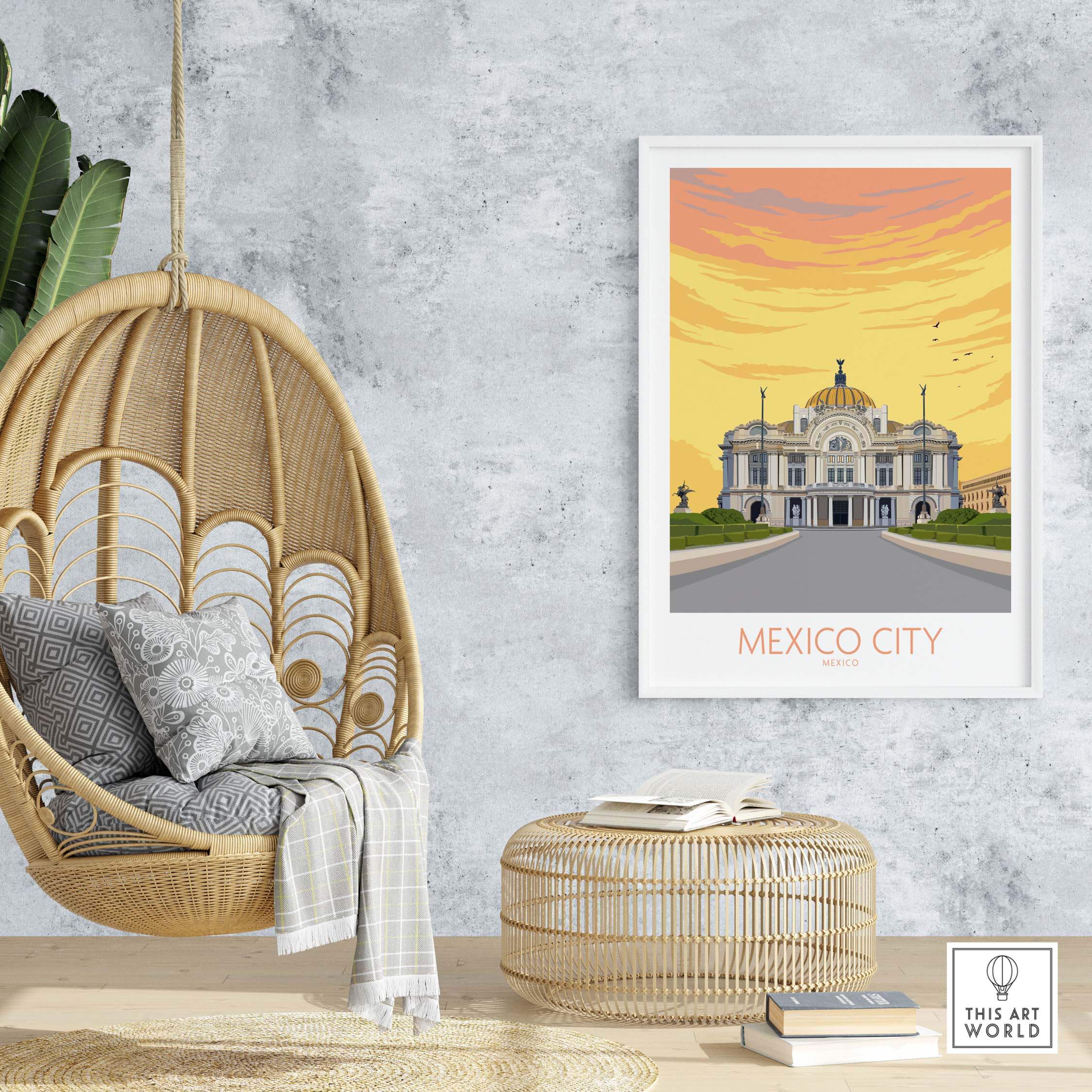 Mexico City Poster Print displayed in a stylish home setting with a hanging chair and decorative elements.