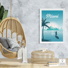 Miami Poster Wall Art Print featuring a serene beach scene with palm trees and a city skyline.