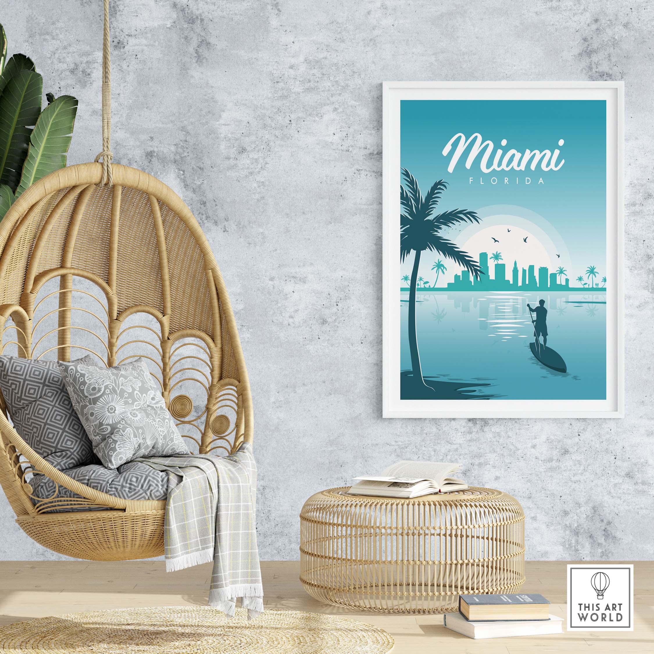Miami Poster Wall Art Print featuring a serene beach scene with palm trees and a city skyline.