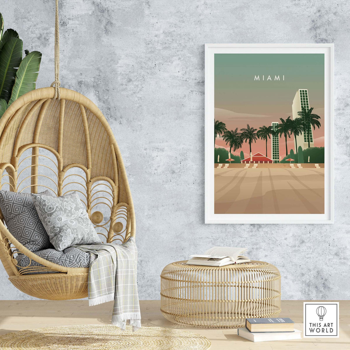 Miami Print Wall Art Poster displayed in a stylish home setting with a hanging chair and natural decor.