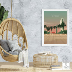 Miami Print Wall Art Poster displayed in a stylish home setting with a hanging chair and natural decor.