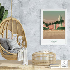 Miami Wall Art Poster Print displayed in a stylish home setting, featuring vintage-inspired beach scene and palm trees.