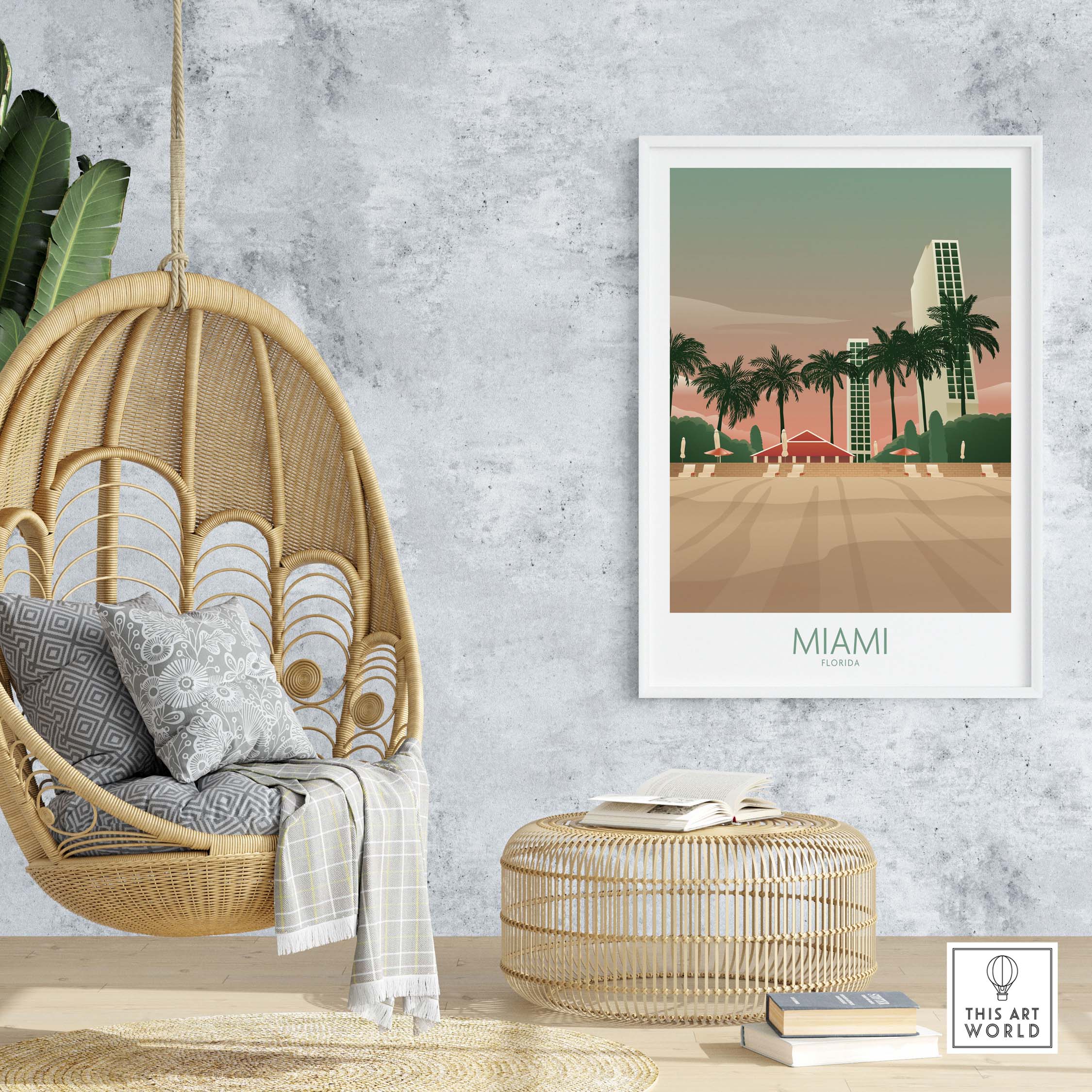 Miami Wall Art Poster Print displayed in a stylish home setting, featuring vintage-inspired beach scene and palm trees.