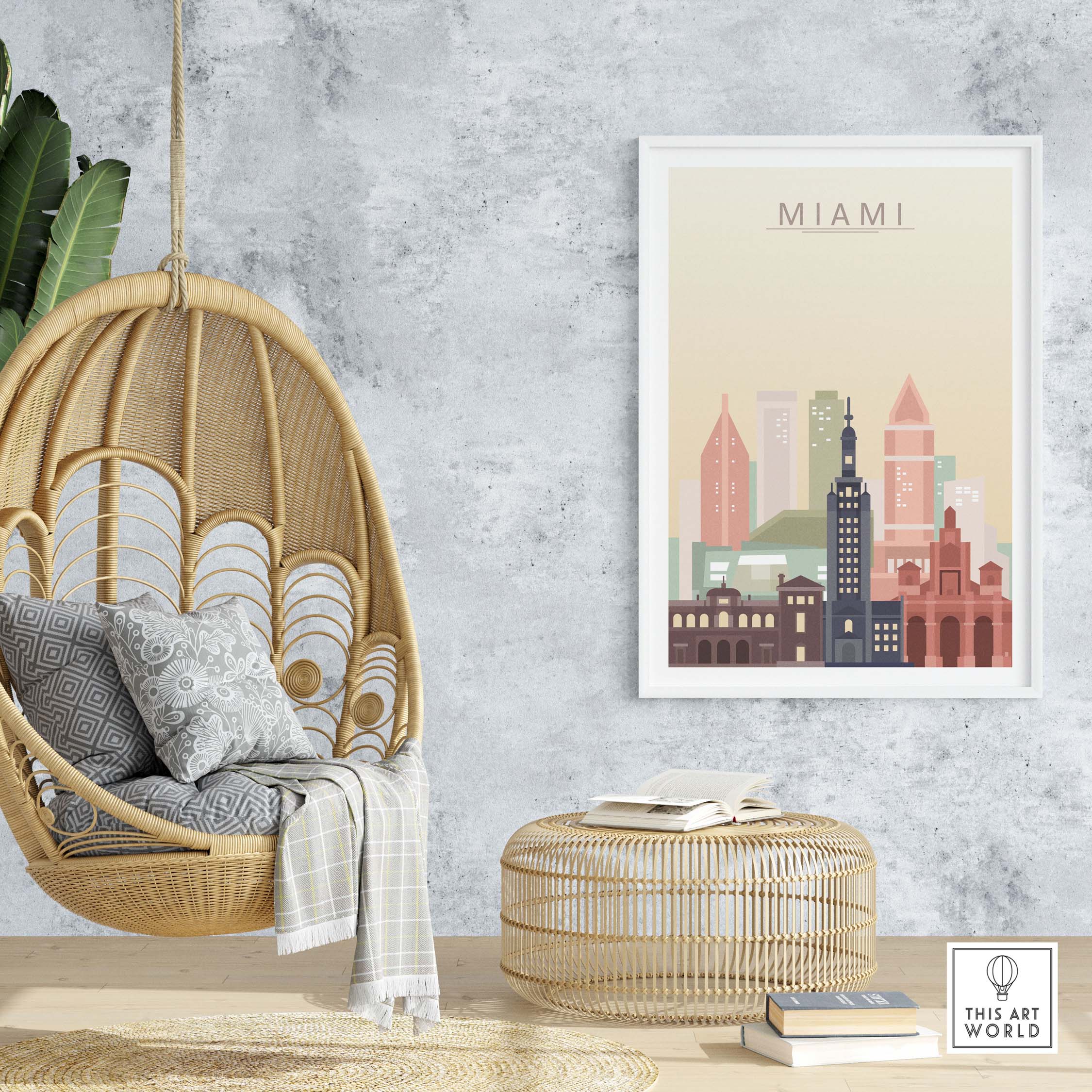Miami skyline wall art print displayed in a stylish living room with hanging chair and decorative elements.
