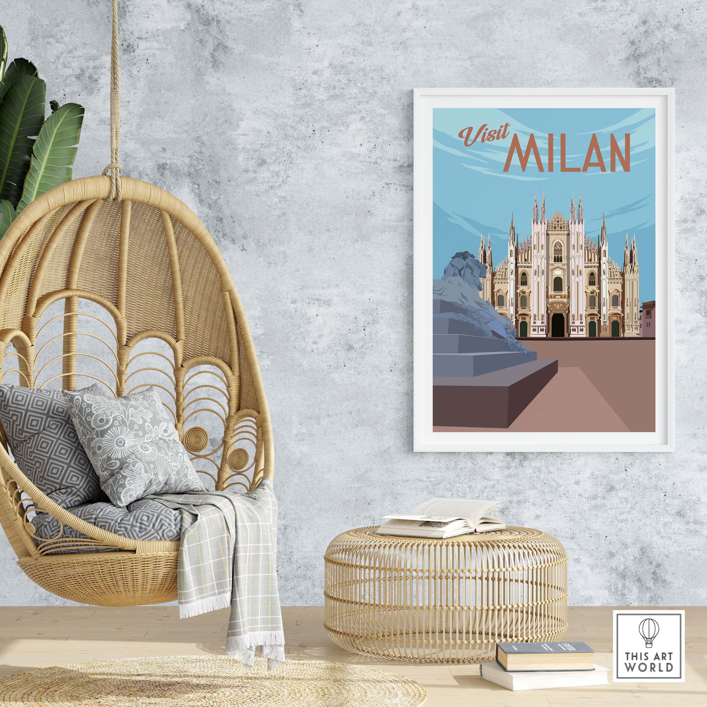 Vintage Milan print poster in a cozy interior setting with a hanging chair and decorative elements.