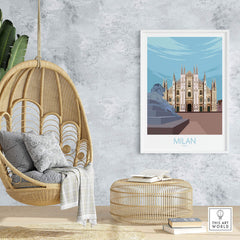 Milan Print Italy Poster displayed in a modern living space with a hanging chair and stylish decor.