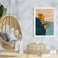 Monaco Wall Art Print featuring scenic view, vintage minimalist style in a cozy home setting.