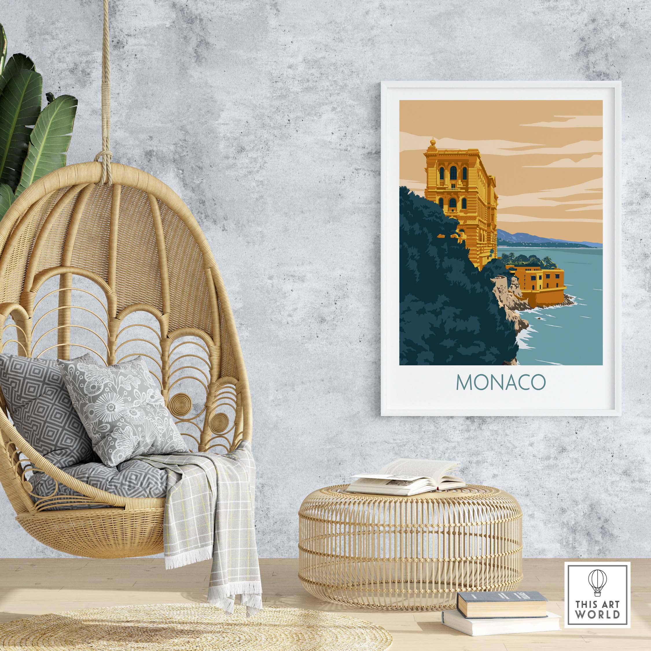 Monaco Poster Print displayed in a stylish home setting with a hanging chair and modern decor.