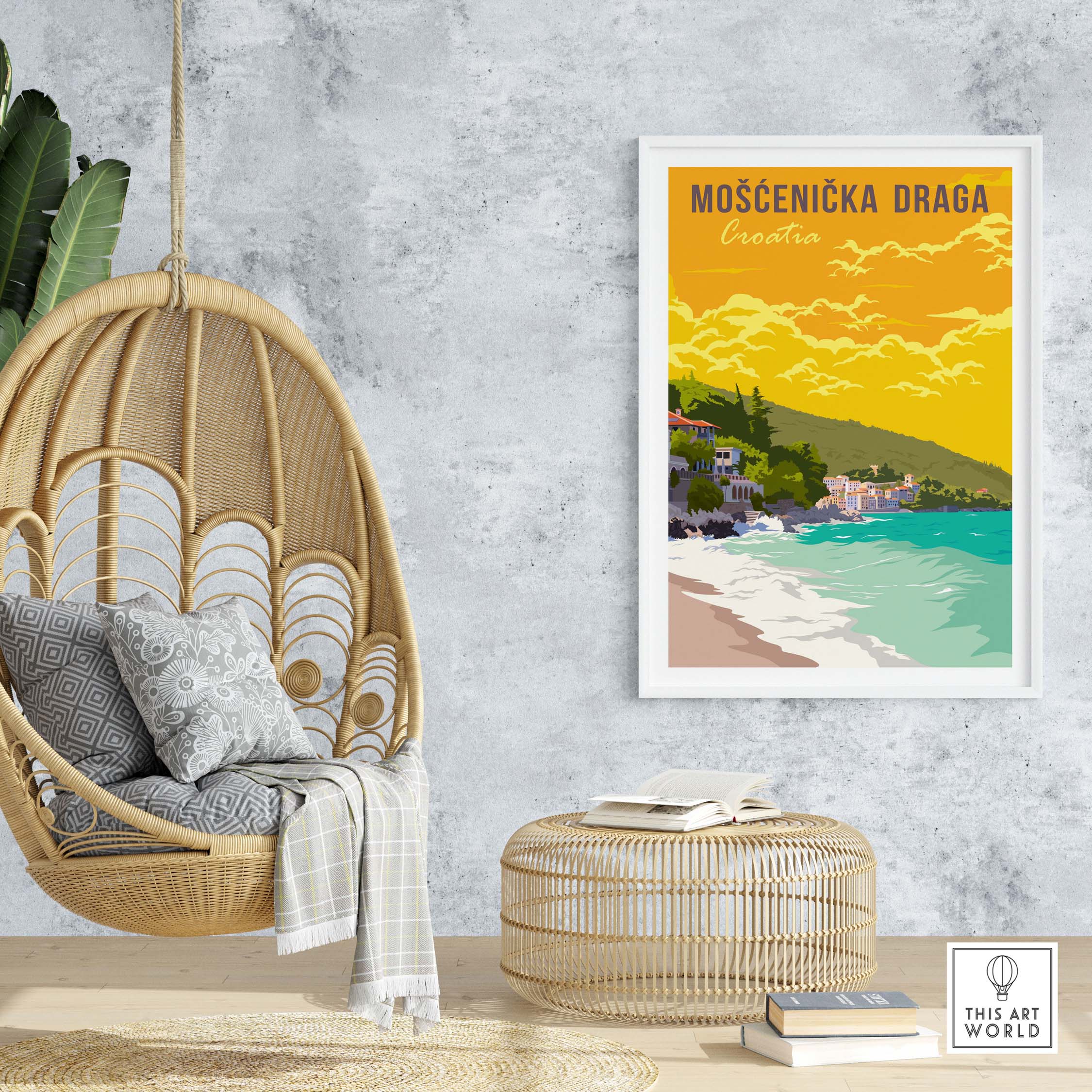 Mošćenička Draga Croatia poster print displayed in a modern interior setting with a hanging chair and natural decor.