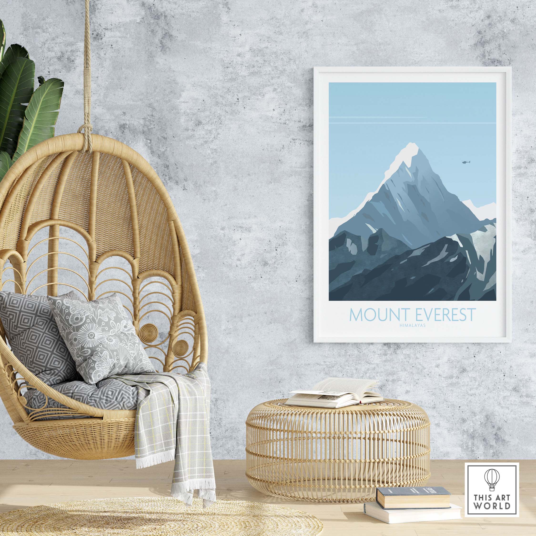 Mount Everest print travel poster displayed in a stylish home setting with a hanging chair and decorative elements.