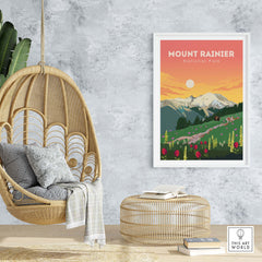 Mount Rainier print artwork displayed in a modern interior with a hanging chair and natural decor.