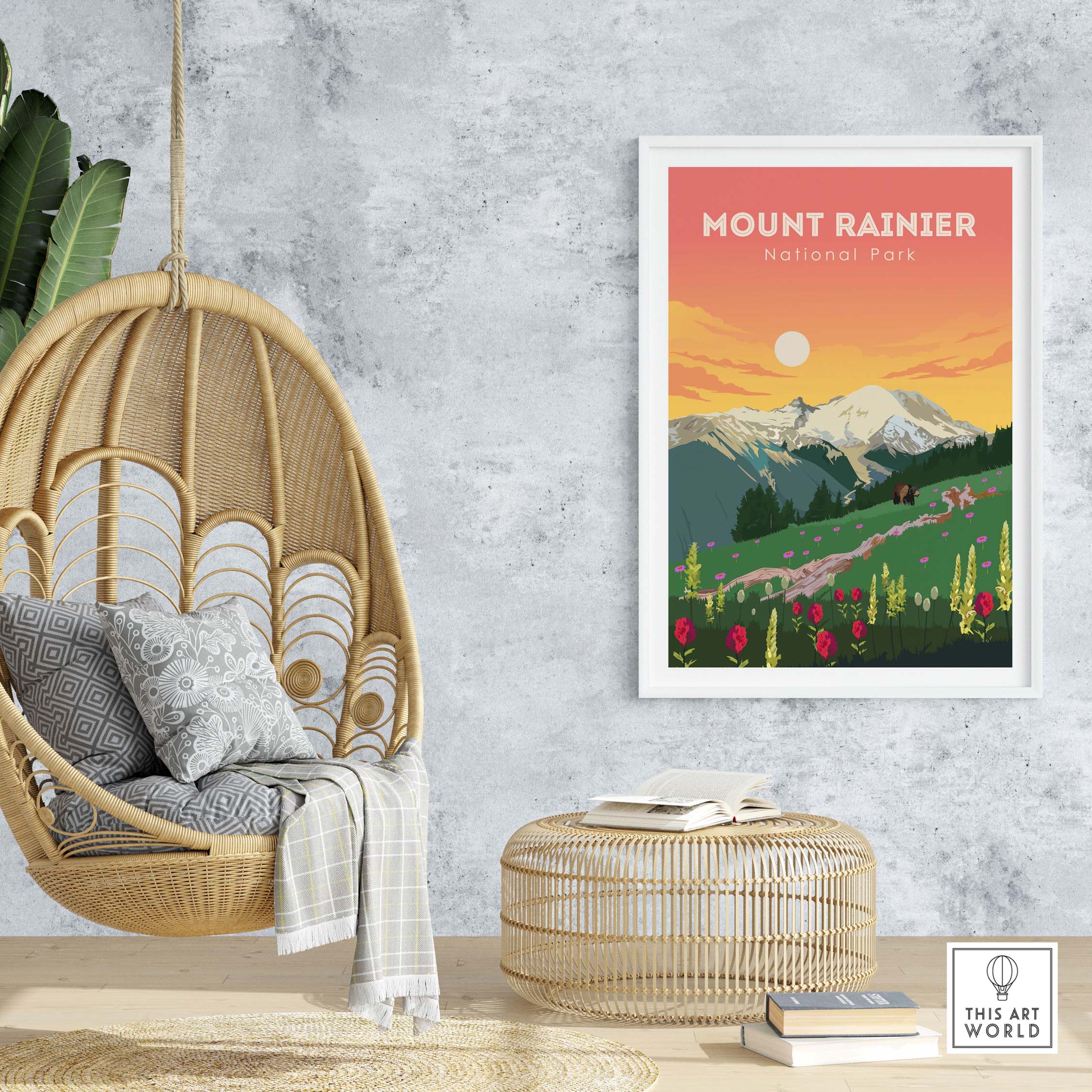 Mount Rainier print artwork displayed in a modern interior with a hanging chair and natural decor.