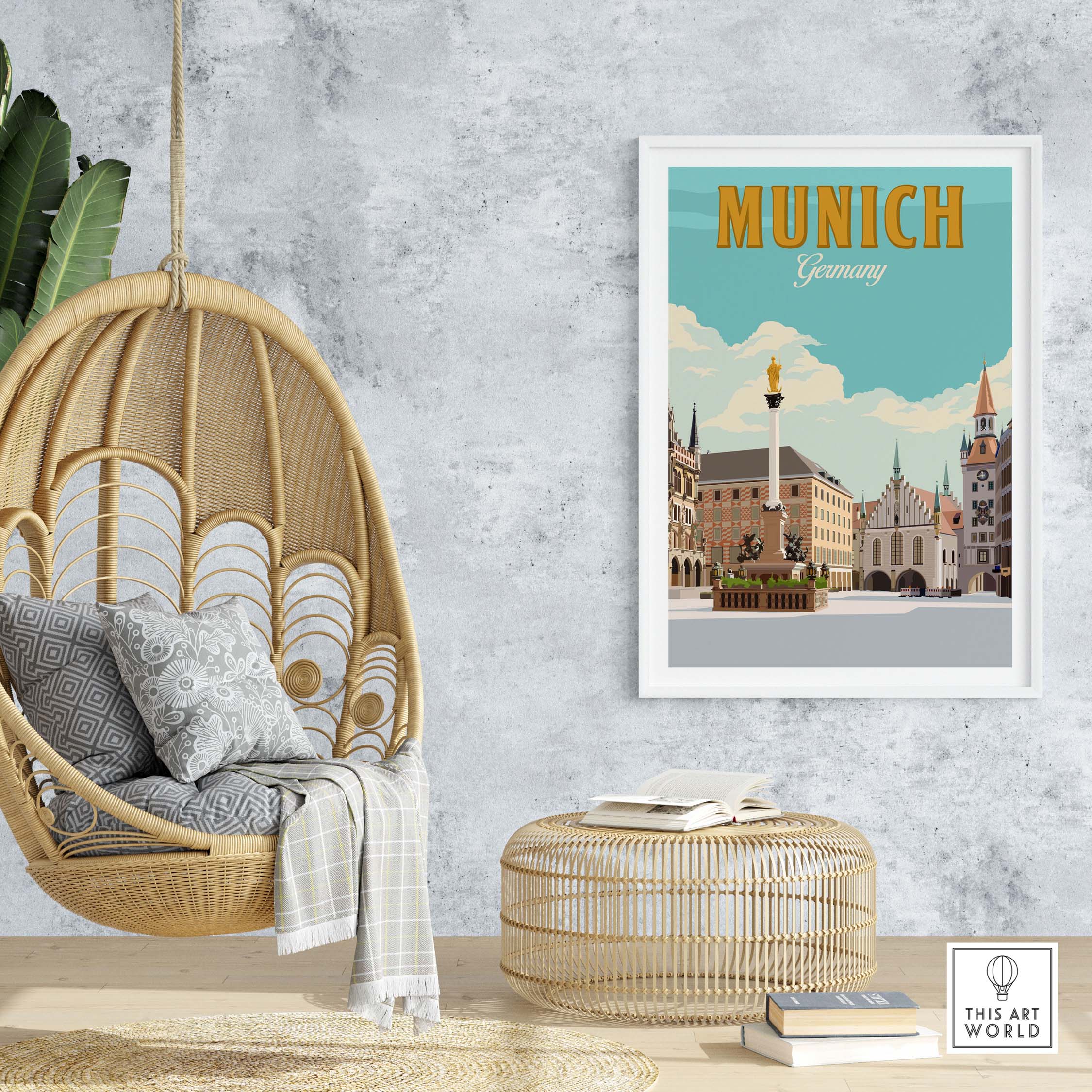 Munich Germany print in a stylish home setting with a cozy hanging chair and woven decor.