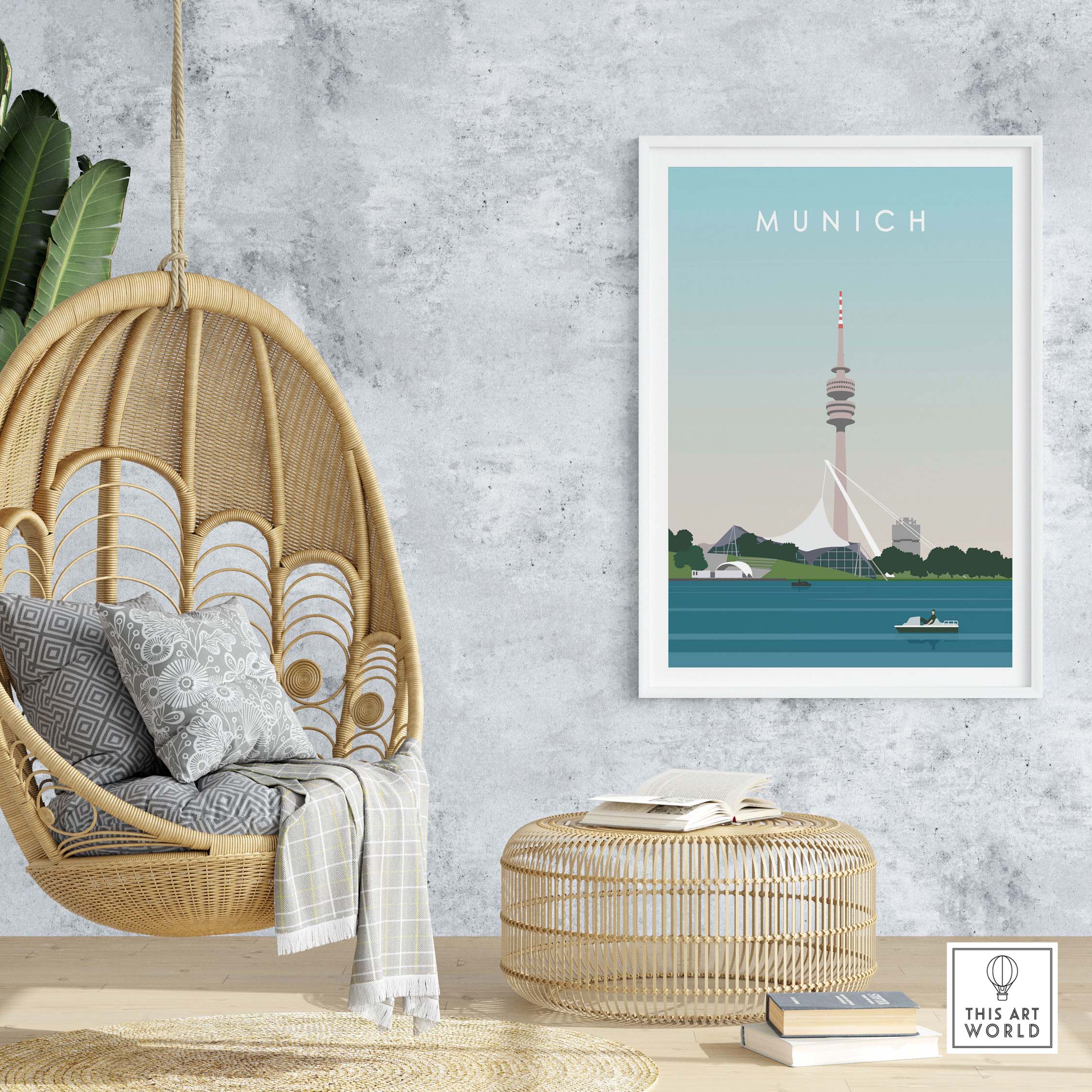 Munich Print Travel Poster displayed in a cozy living space with a rattan chair and natural decor.