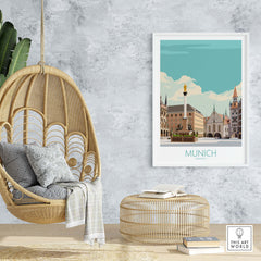 Stylish Munich poster in a minimalist frame, showcased in a cozy interior with rattan decor.