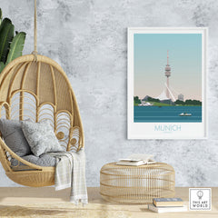 Munich travel poster showcasing the iconic TV tower, stylishly framed in a modern decor setting.