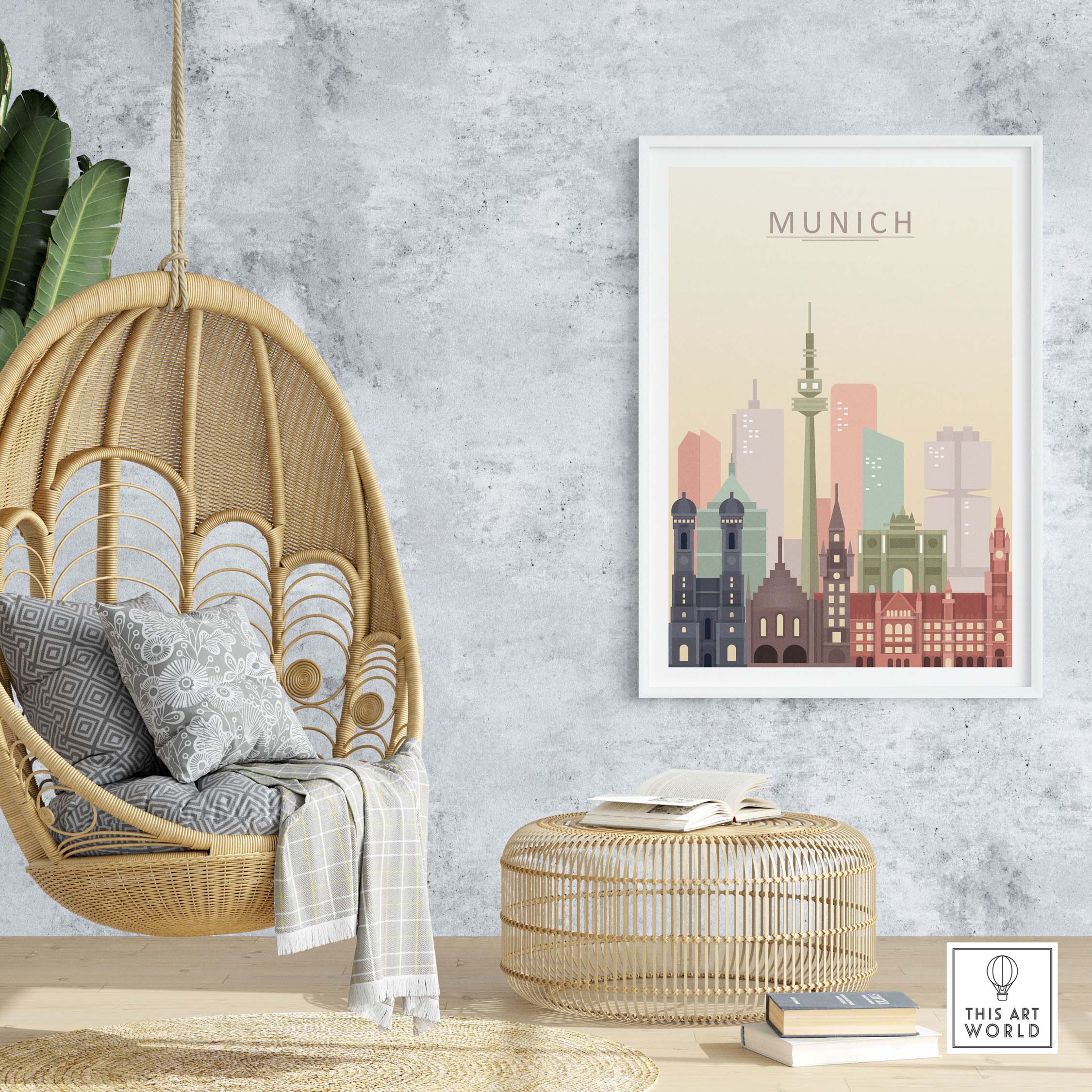 Munich skyline print in warm pastel tones displayed in a stylish hanging chair living room setting.