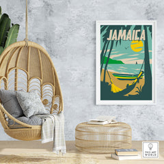 Jamaica Print Beach Poster displayed in a stylish home with hanging chair and natural decor.