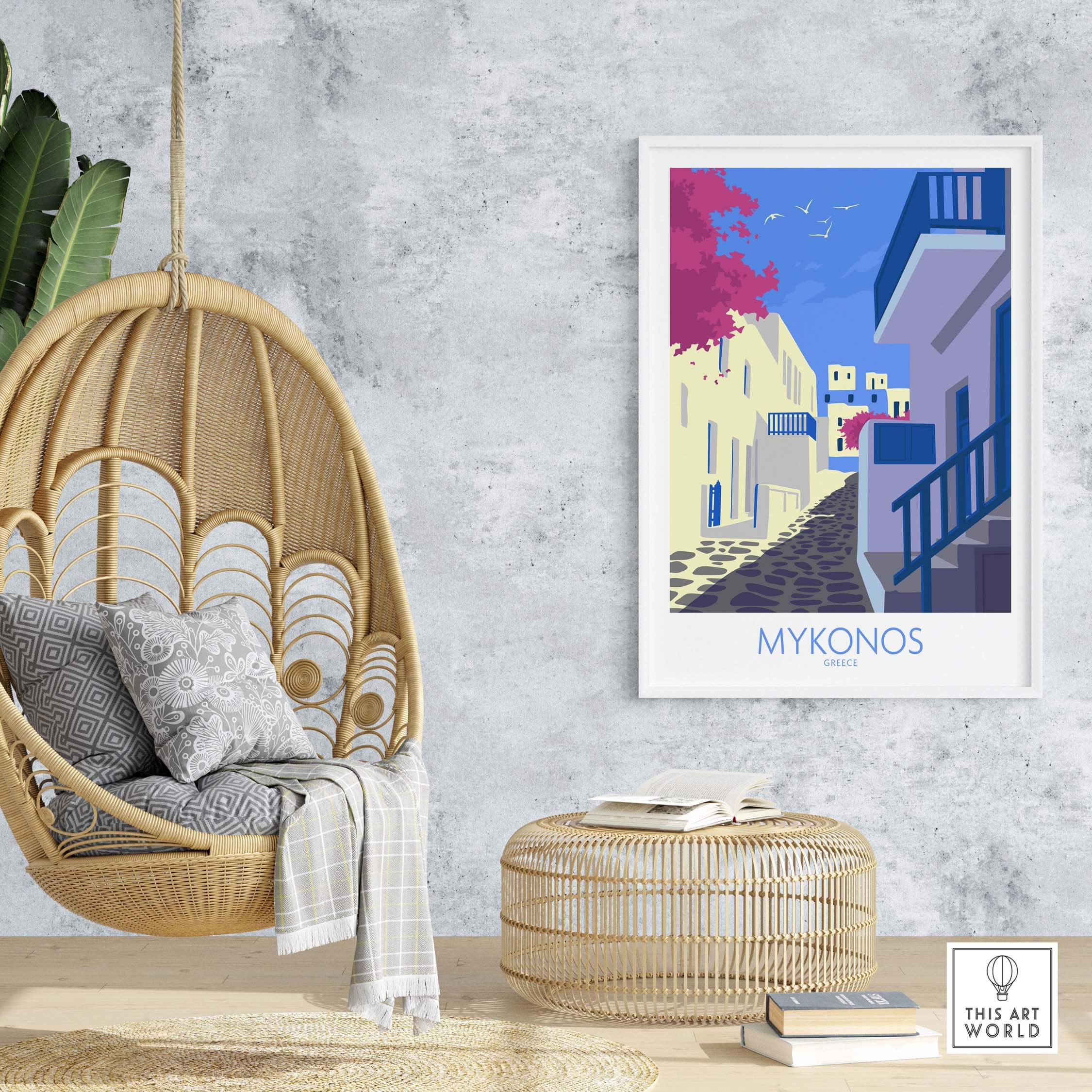 Mykonos print travel poster displayed in a modern home setting with a hanging chair and stylish decor.
