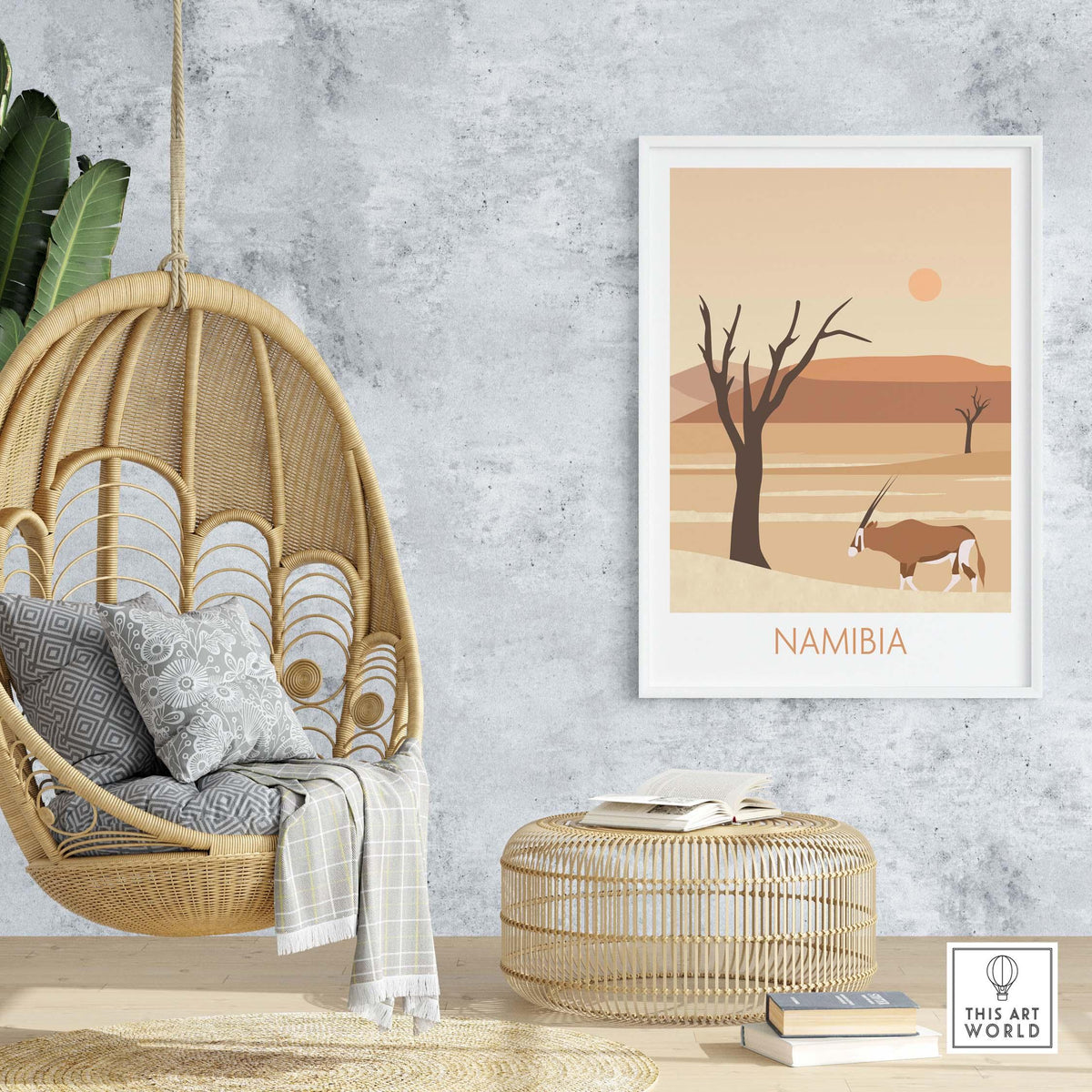 Namibia travel poster print featuring desert landscape and wildlife in a stylish home setting.