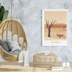 Namibia travel poster print featuring desert landscape and wildlife in a stylish home setting.