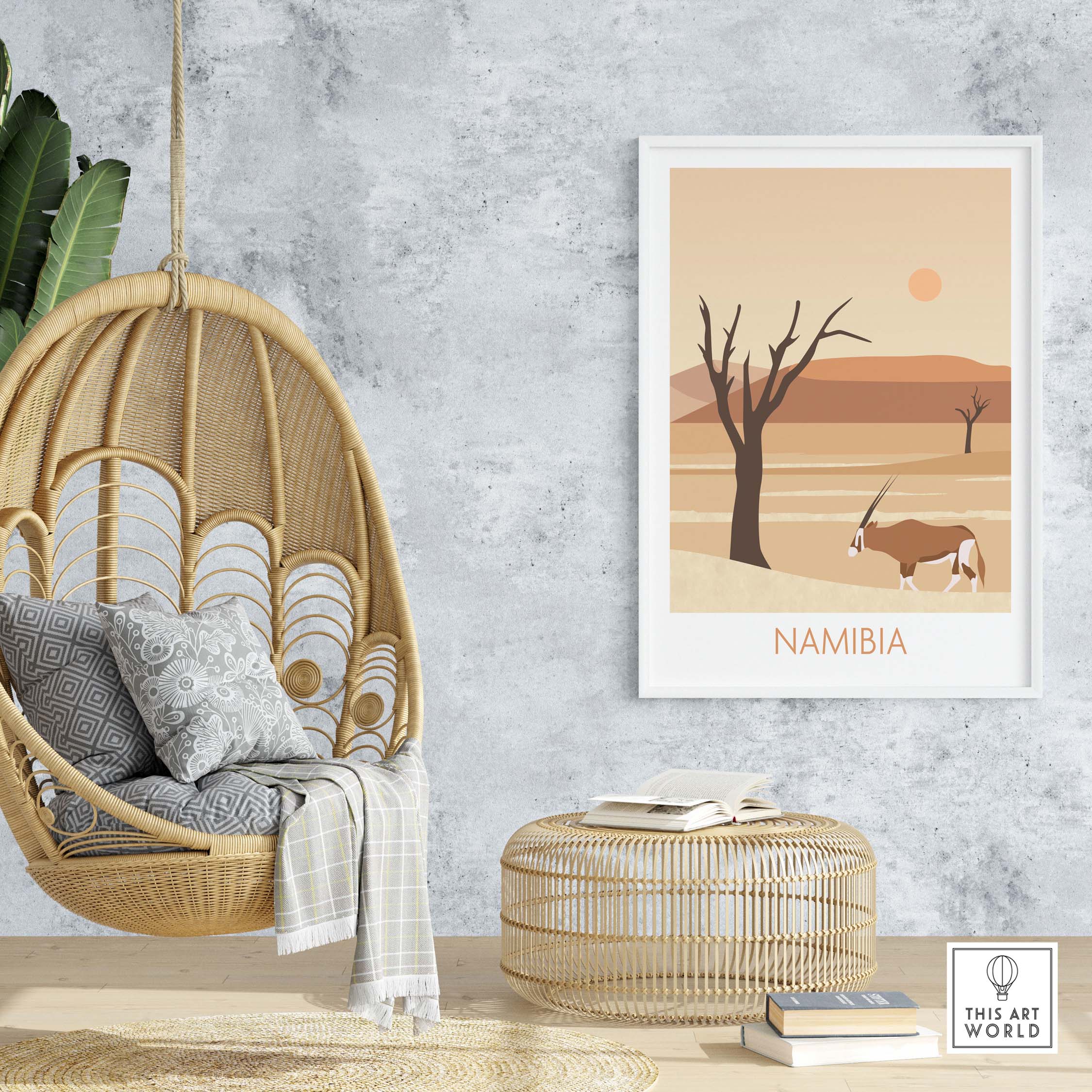 Namibia travel poster print featuring desert landscape and wildlife in a stylish home setting.