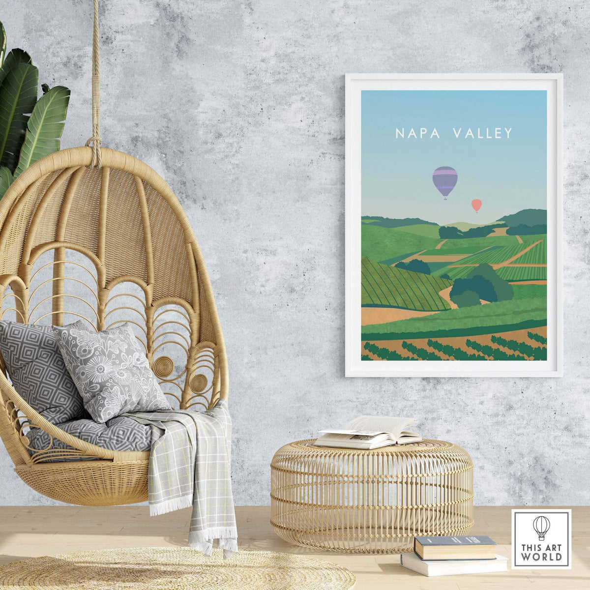 Napa Valley vintage travel wall art poster featuring scenic vineyards and hot air balloons.