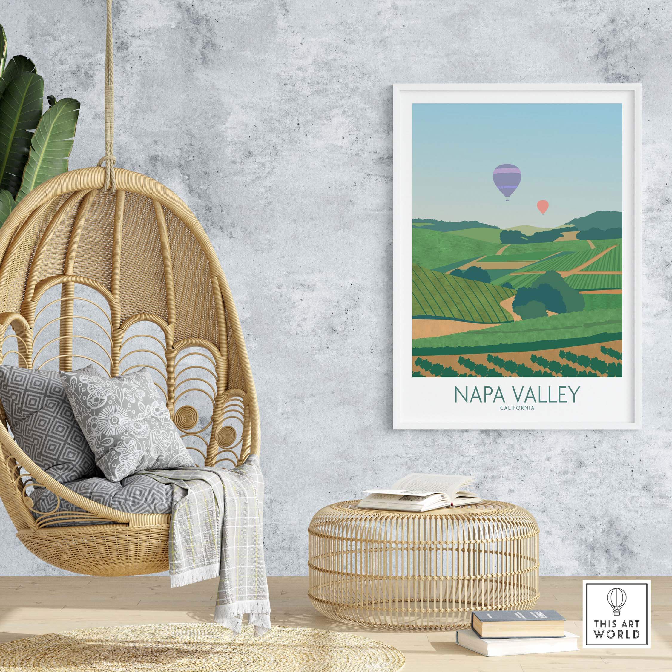 Napa Valley Print California featuring vineyards and hot air balloons, displayed in a cozy interior setting.