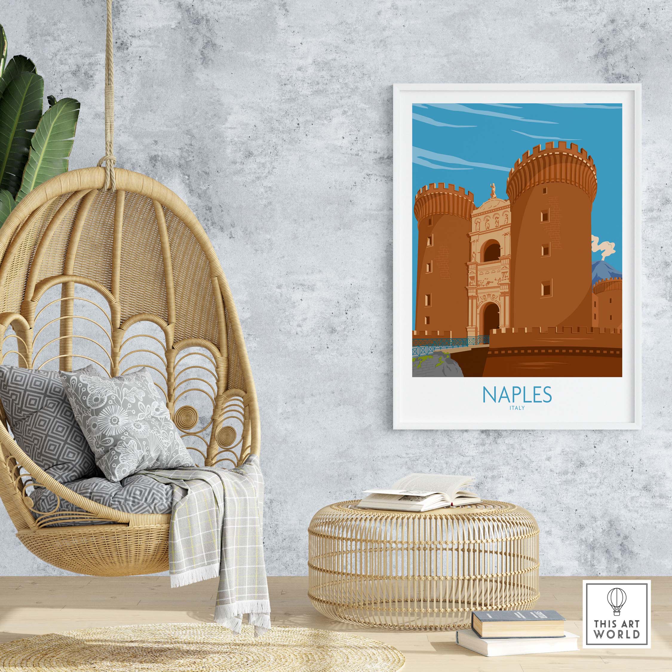 Vintage Naples Italy poster showcasing the iconic castle, styled for modern decor in a cozy living space.
