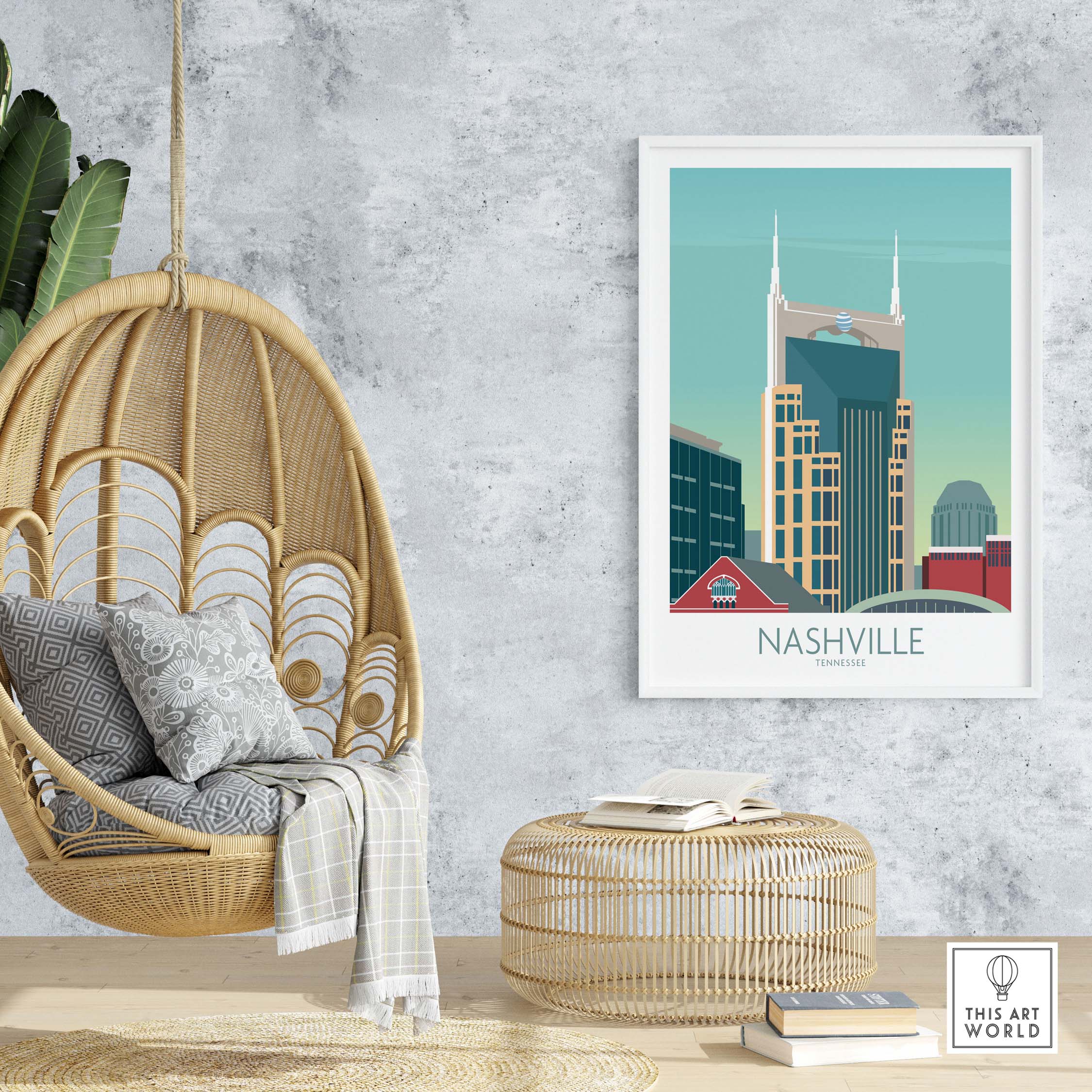 Nashville travel poster hanging in a stylish home setting with rustic decor and hanging chair.