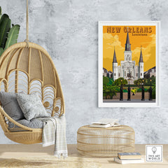 New Orleans art print featuring St. Louis Cathedral, nostalgic vintage travel style in a stylish home setting.