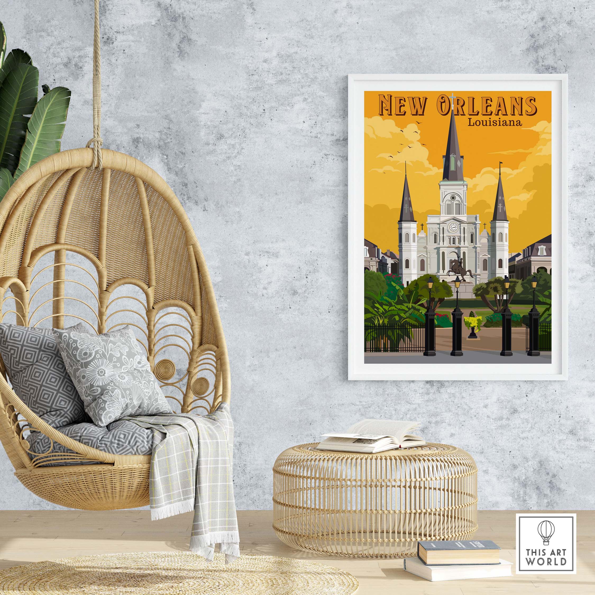 New Orleans art print featuring St. Louis Cathedral, nostalgic vintage travel style in a stylish home setting.