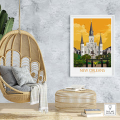 New Orleans vintage travel poster featuring St. Louis Cathedral, set in a stylish home decor environment.