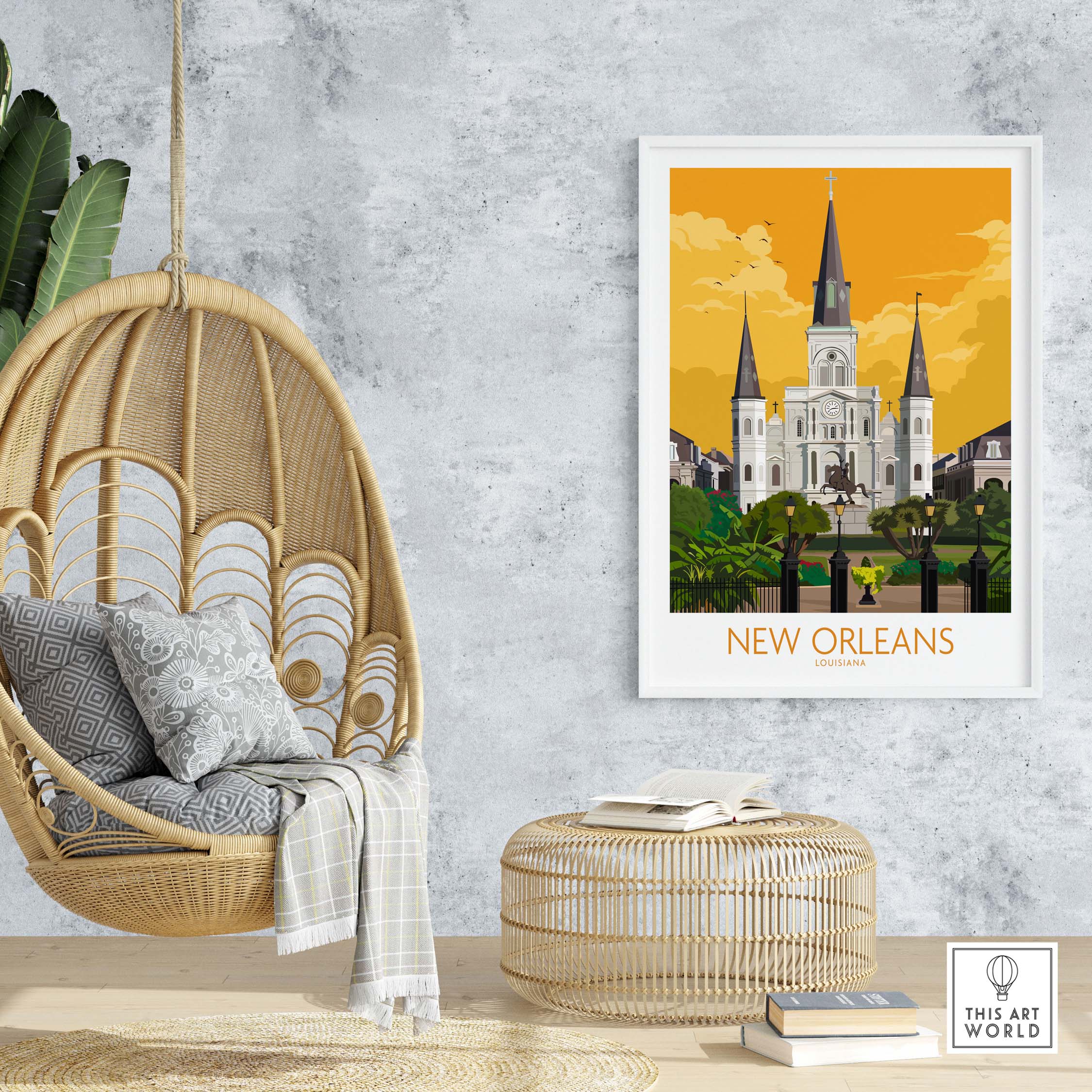 New Orleans vintage travel poster featuring St. Louis Cathedral, set in a stylish home decor environment.