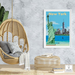 Vintage New York Print Poster featuring the Statue of Liberty and skyline, perfect for home or office wall art decor.