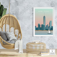 New York City print wall art poster displayed in a stylish room with a hanging chair and decorative elements.
