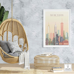 New York City skyline print featuring iconic landmarks, displayed in a cozy living space with hanging chair and natural decor.