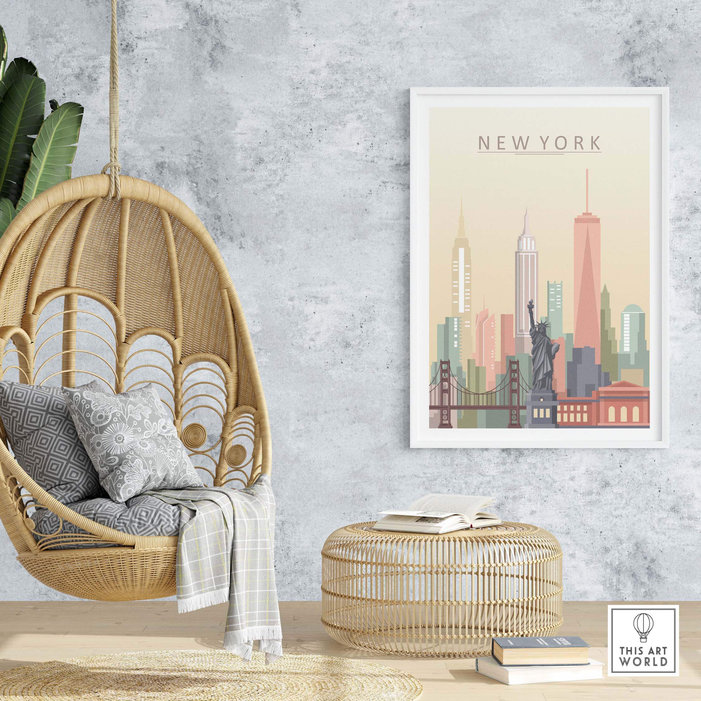 New York City skyline print featuring iconic landmarks, displayed in a cozy living space with hanging chair and natural decor.
