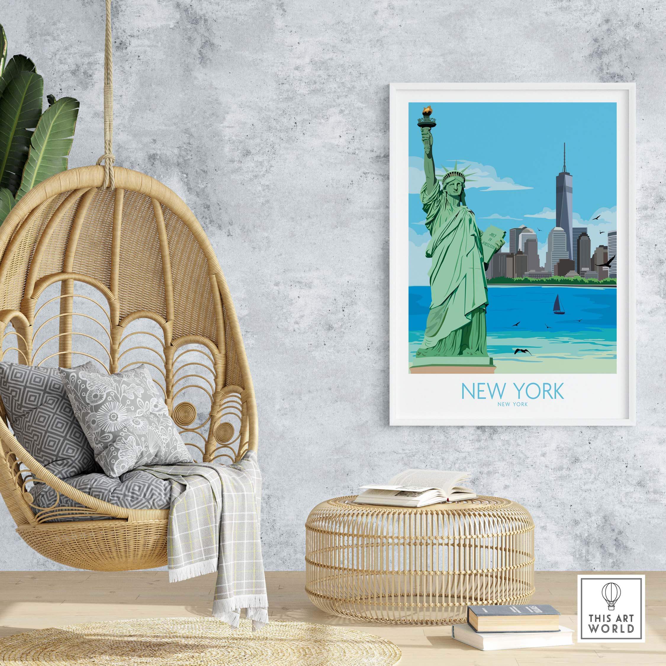 Framed New York City poster featuring the Statue of Liberty, modern decor, and coastal skyline.