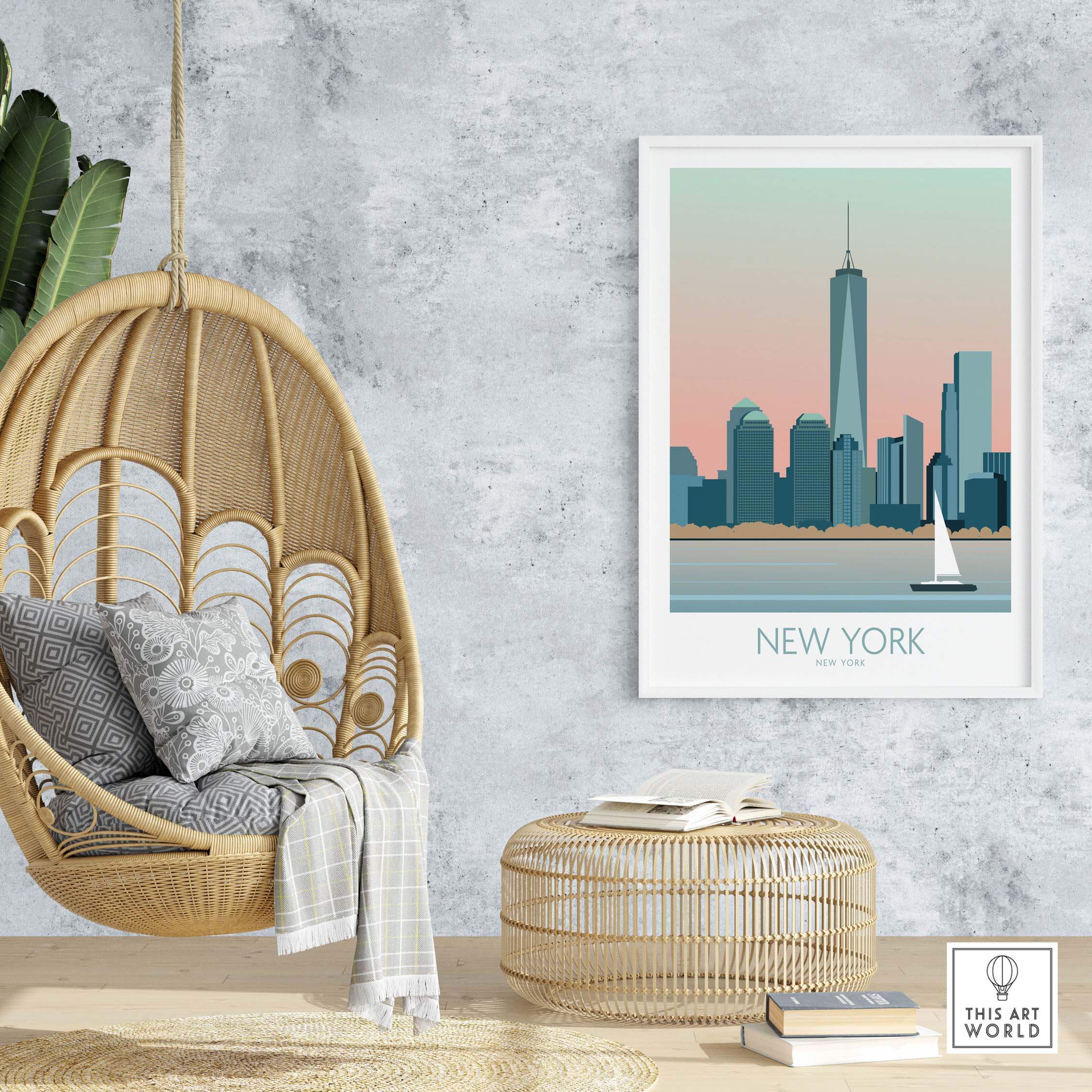 New York Print Poster featuring skyline at sunset in a modern minimalist style, displayed in a cozy home setting.
