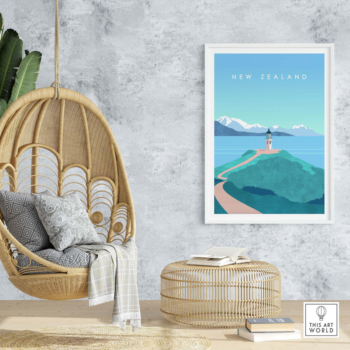 New Zealand print wall art poster displayed in a stylish room with a cozy chair and modern decor.