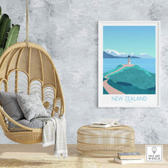 New Zealand Print Travel Poster displayed in a stylish home interior with a hanging chair and natural decor.