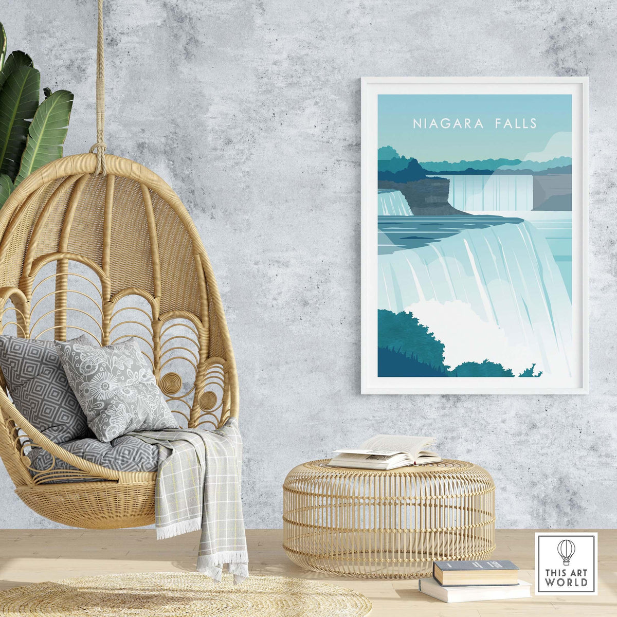 Niagara Falls Print Wall Art Poster displayed in a cozy modern setting with a hanging chair and stylish decor.