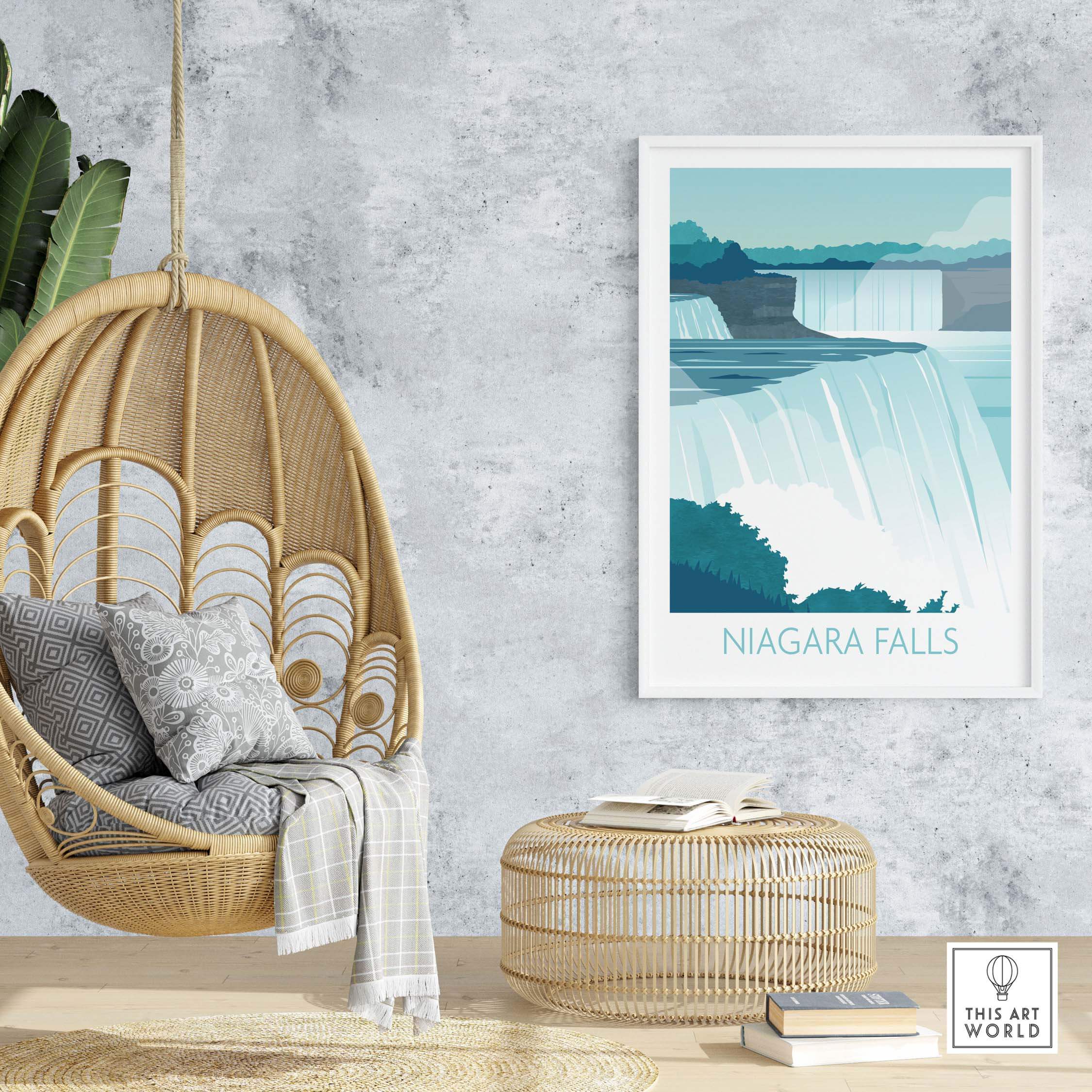 Niagara Falls print wall art displayed in a stylish home setting with a hanging chair and natural decor.