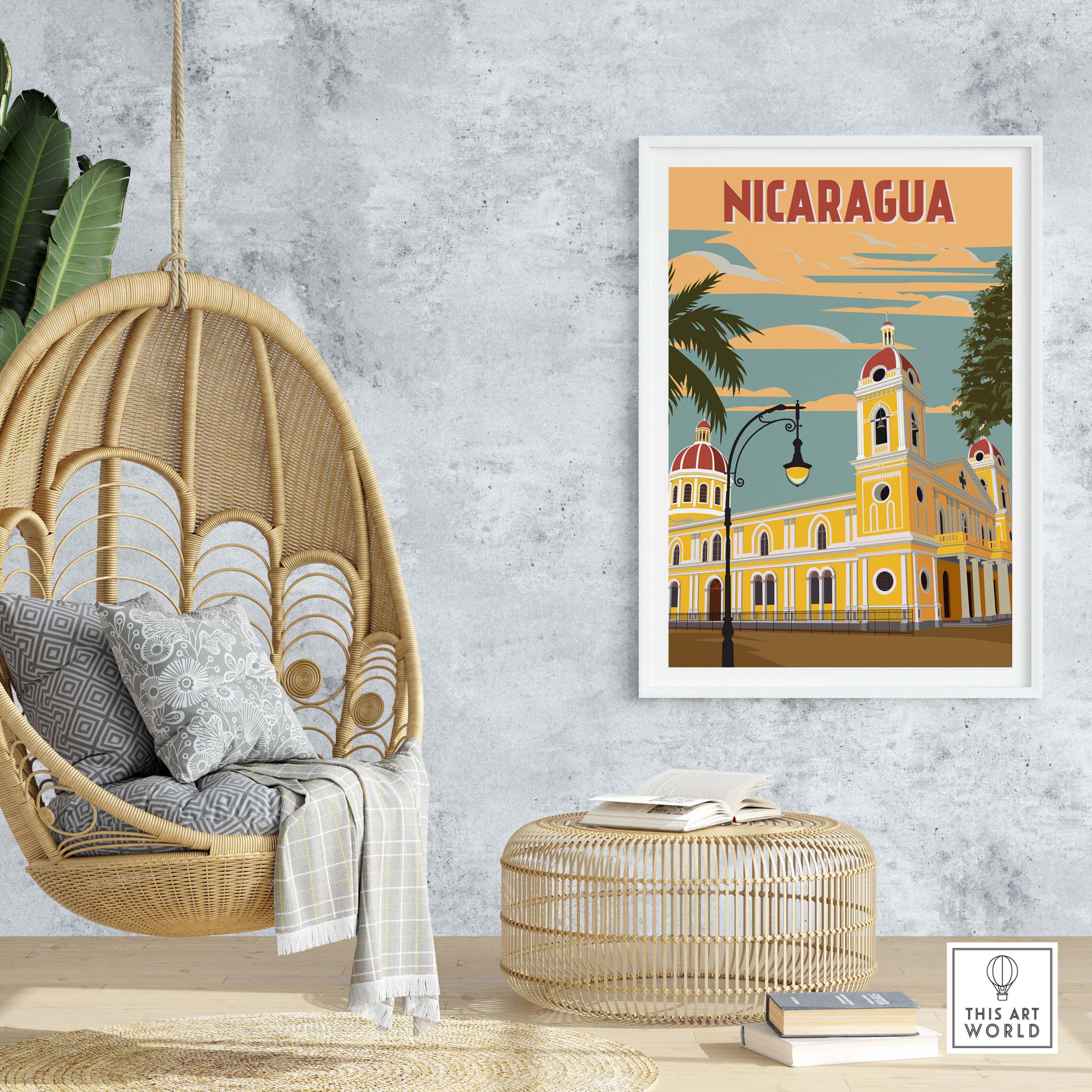 Colorful Nicaragua poster featuring vintage architecture, framed art in a stylish home setting with wicker chair.