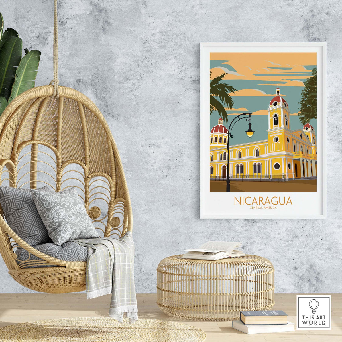 Nicaragua print in stylish room with hanging chair and round table, showcasing vintage-inspired wall art.
