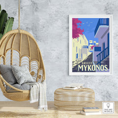 Mykonos poster art print featuring a vibrant street scene, perfect for stylish home decor, framed in a modern setting.