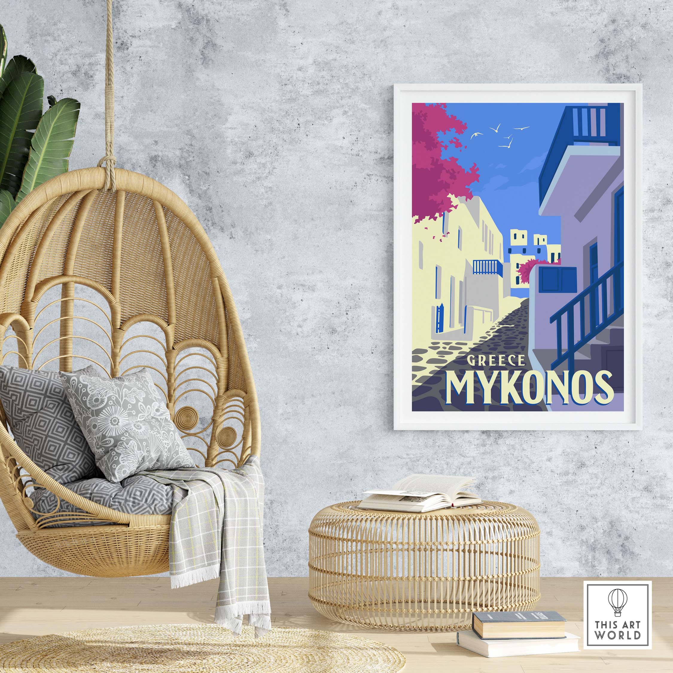 Mykonos poster art print featuring a vibrant street scene, perfect for stylish home decor, framed in a modern setting.